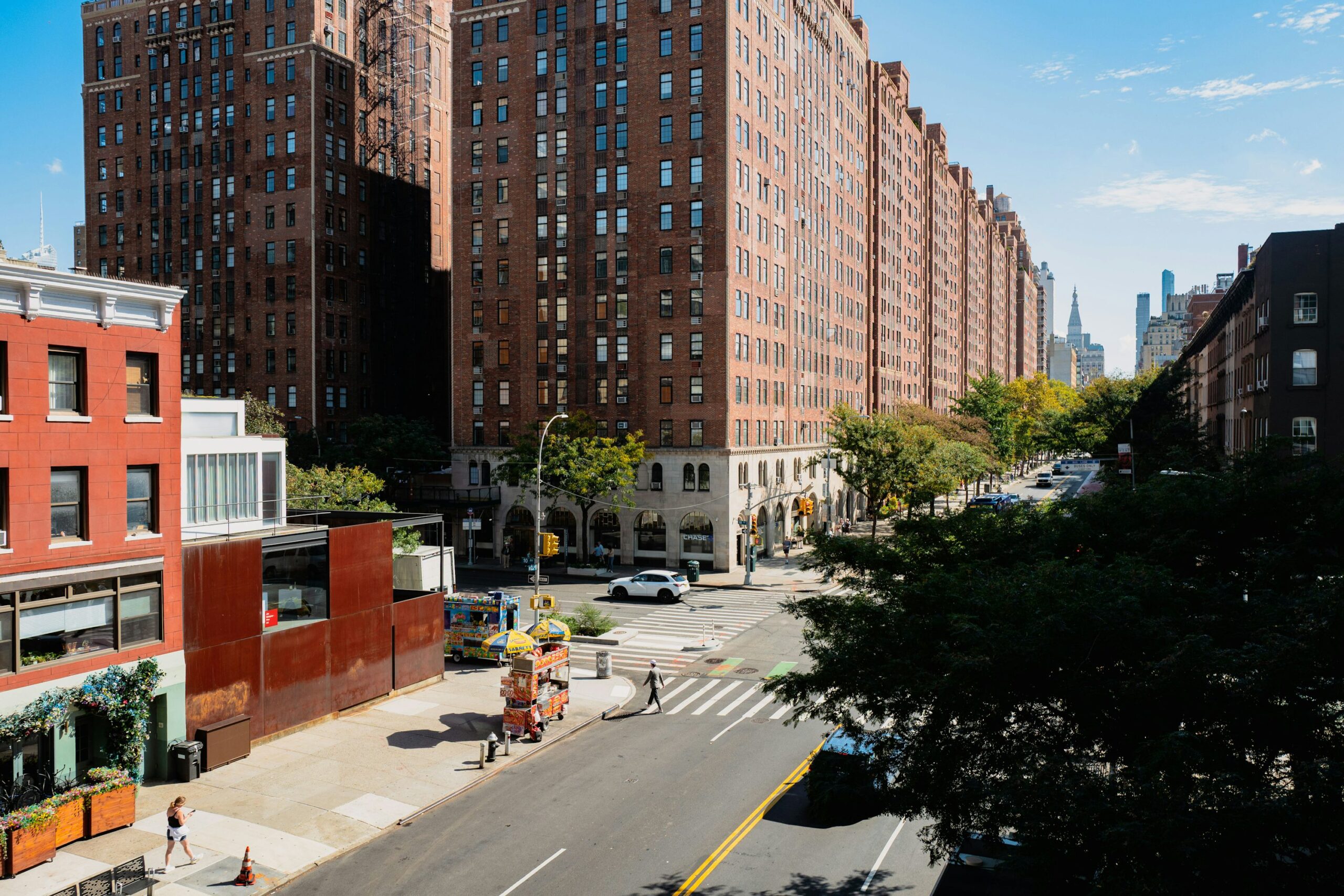 Manhattan street lined with brick apartment buildings