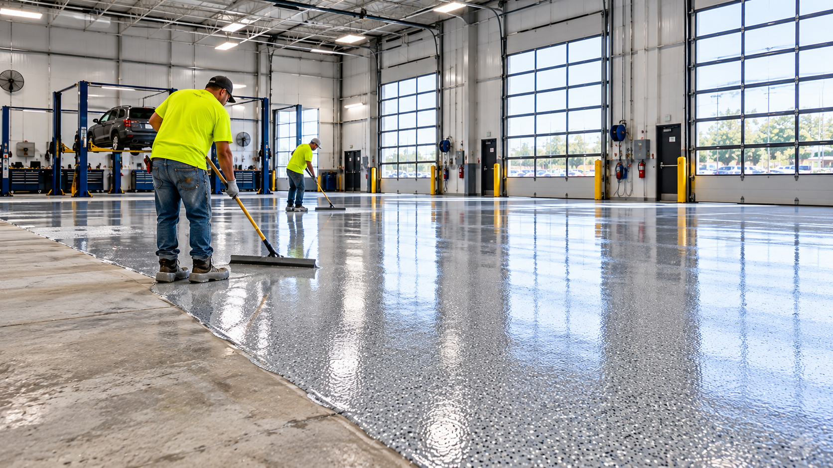 Illustration of flooring installers applying resinous flooring in an automotive service facility