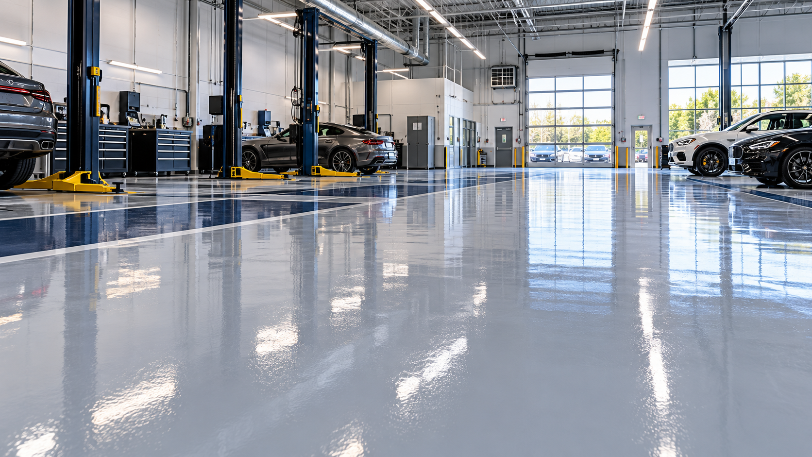 Automotive service facility with clean epoxy-coated flooring