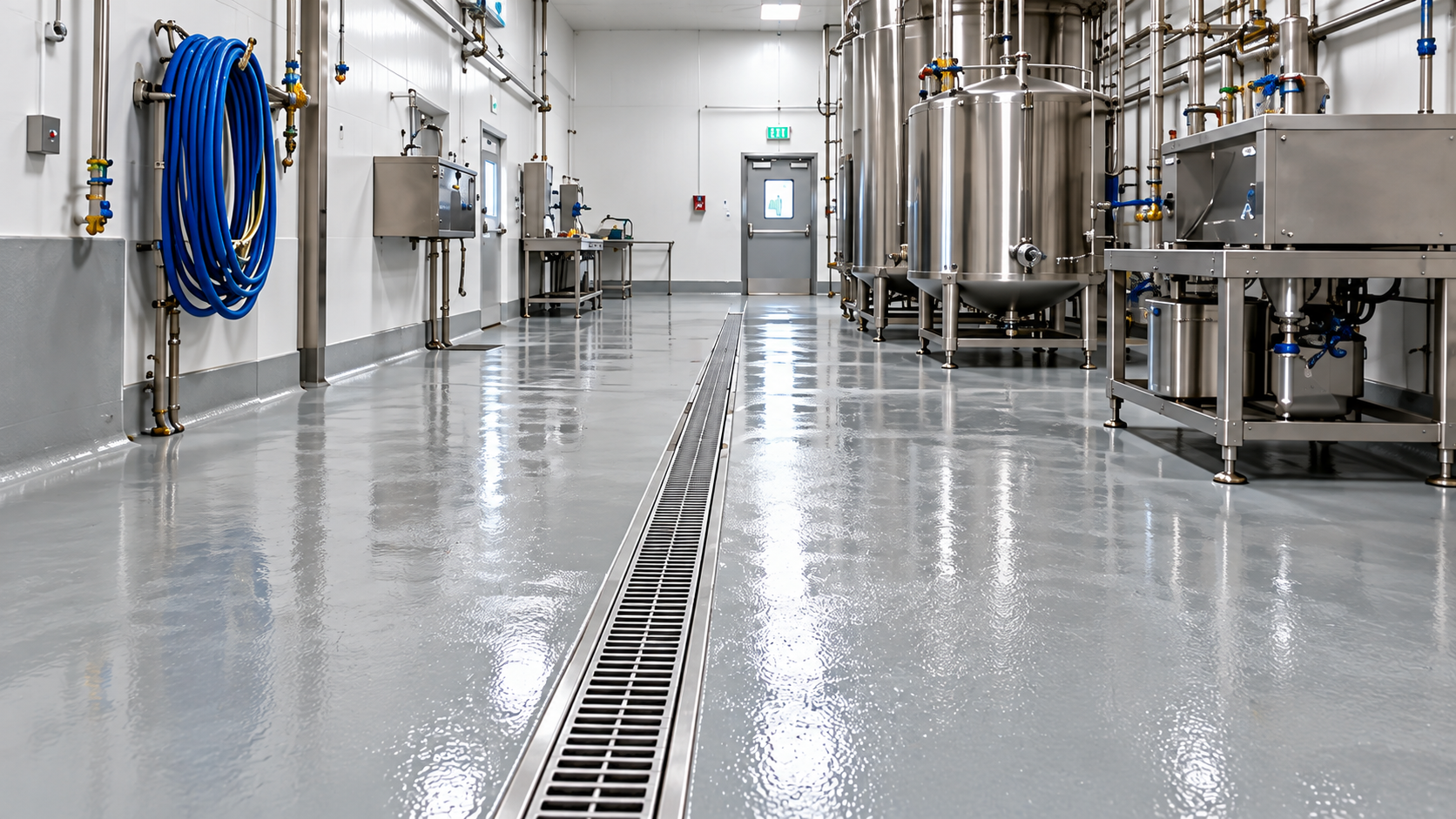 Food processing floor with trench drain and integral cove base