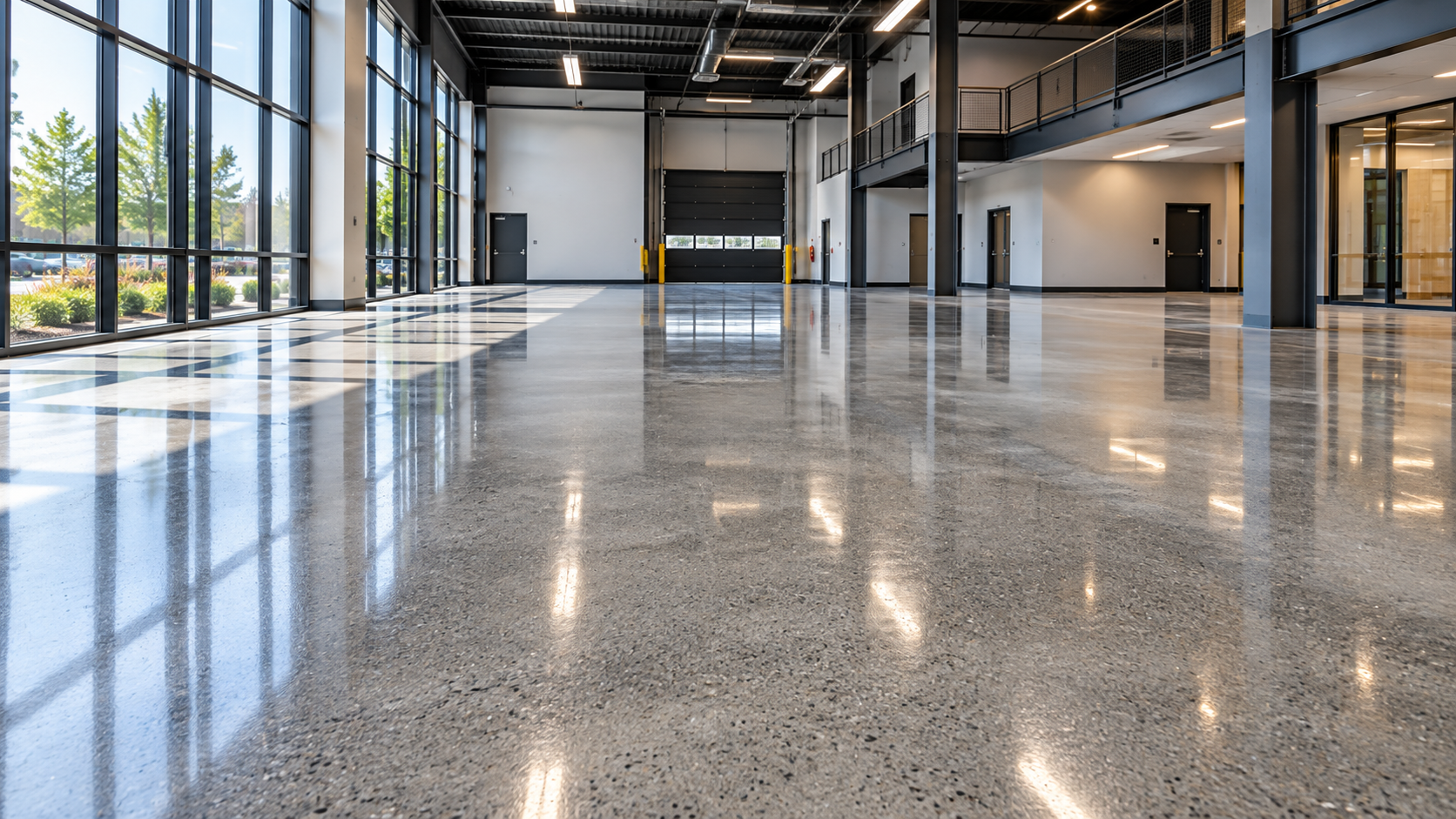 Reflective polished concrete floor in a spacious commercial building