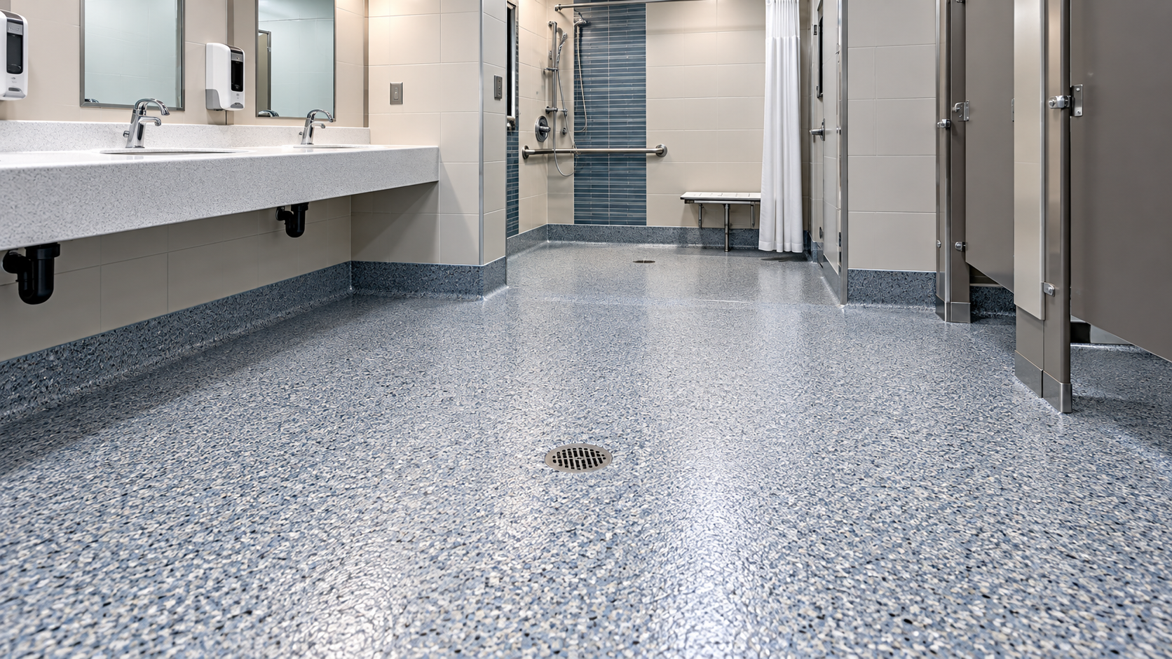 Illustration of slip-resistant decorative flake flooring in a rehabilitation facility bathroom