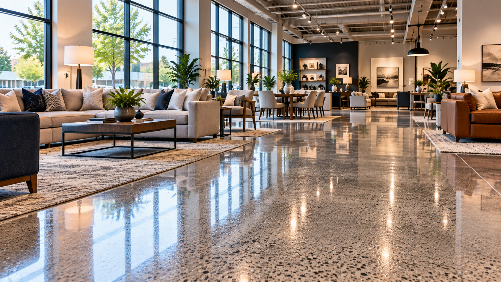 Illustration of polished concrete flooring in a modern furniture showroom