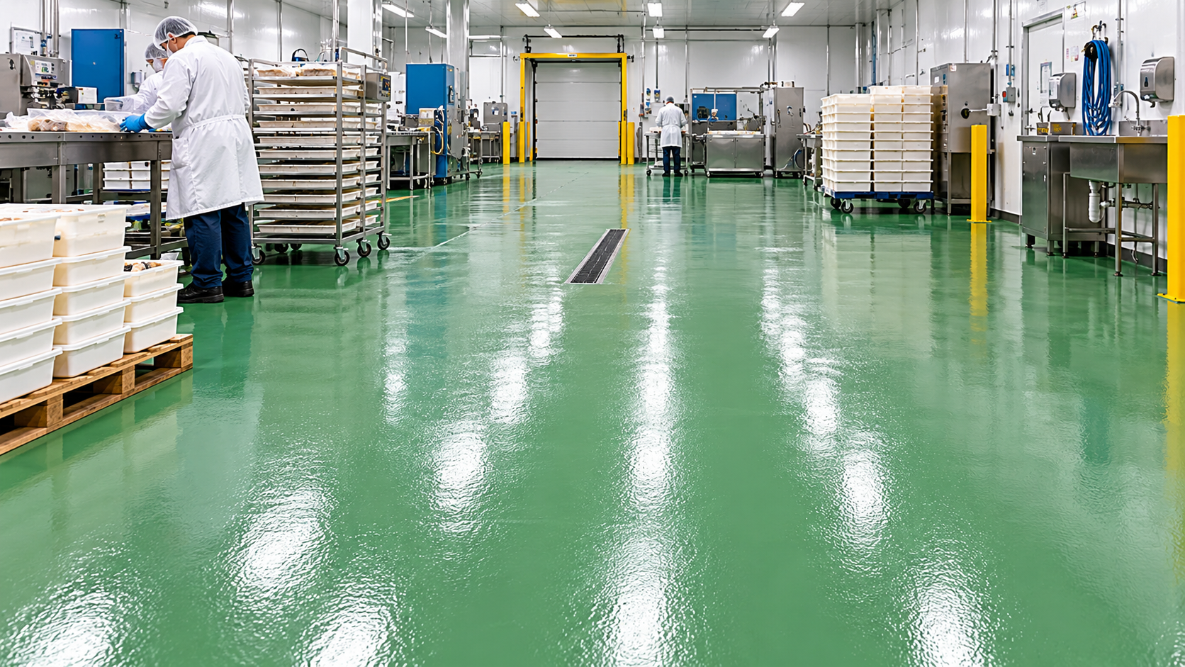 Green seamless resinous floor in an industrial production environment